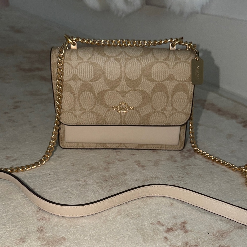 Coach Tan Signature Crossbody Bag with Gold Chain